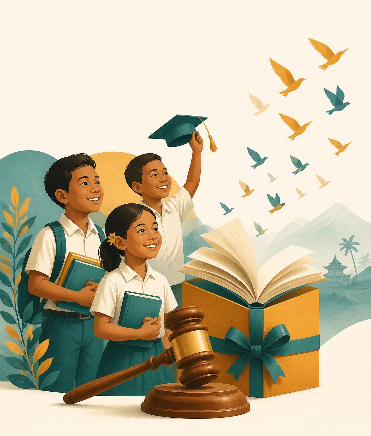 Ilustrasi anak-anak sekolah Indonesia dengan buku, palu lelang, dan kado yang bertransformasi menjadi buku terbuka
